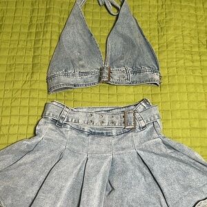 SHEIN Denim Skirt Set in Light Blue